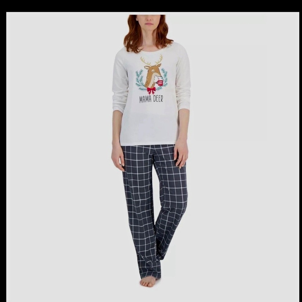 Women's L White Mama Deer Graphic Plaid Pants Pajama Set Christmas